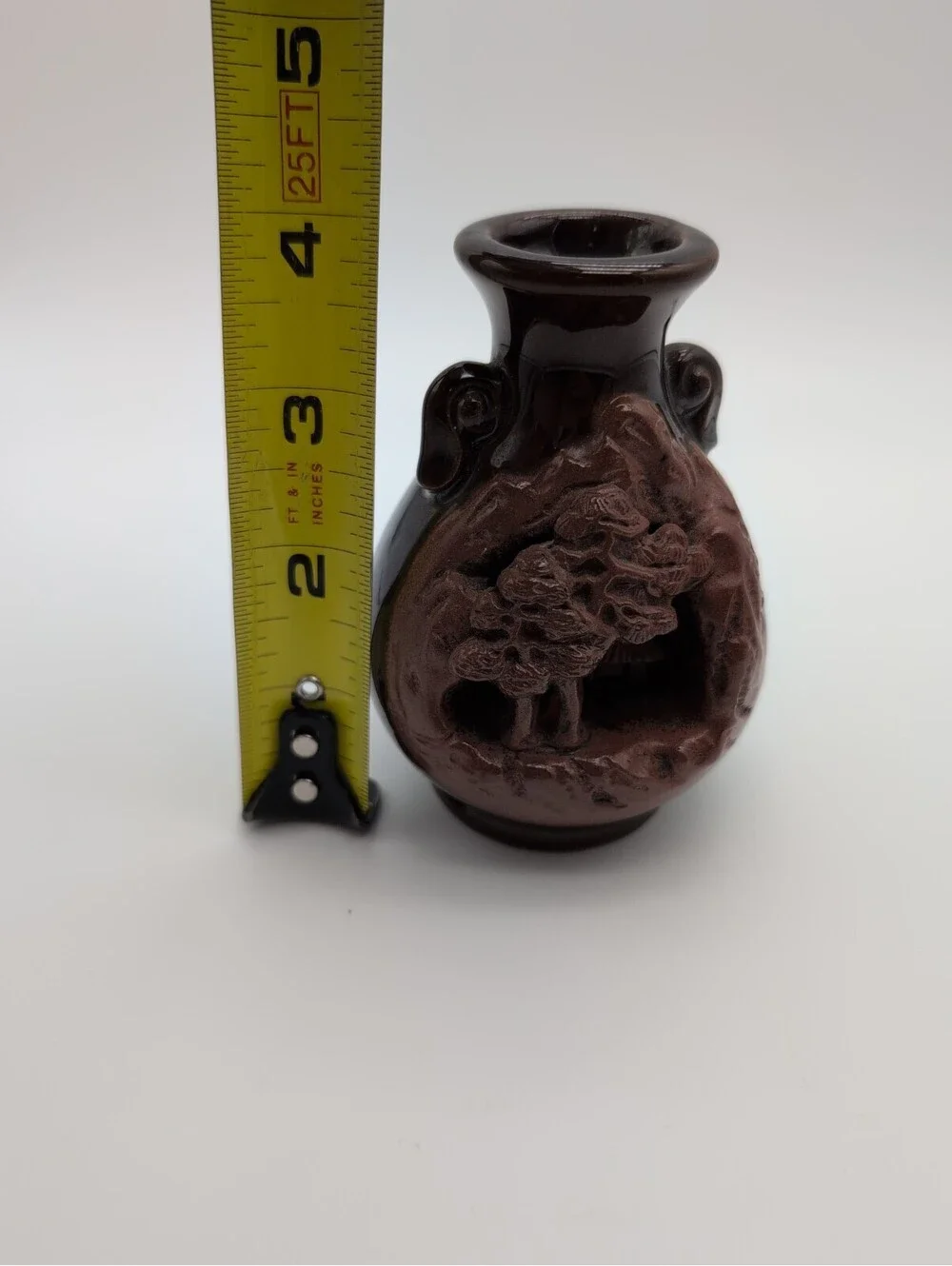Banko Ware Japanese Pottery Intricately Carved Landscape House Miniature Vase 4